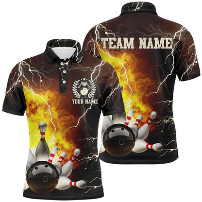 Custom Bowling Polo Shirts, Mens Bowling Polo Shirts Custom Flame Lightning Thunder Bowling Team Jersey, Bowling Team League Shirt