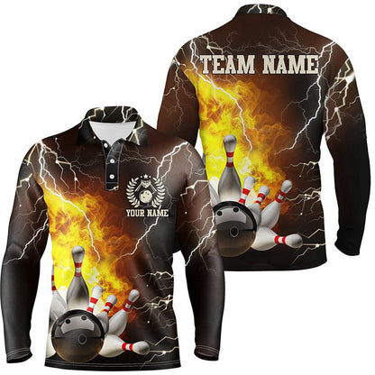 Custom Bowling Polo Shirts, Mens Bowling Polo Shirts Custom Flame Lightning Thunder Bowling Team Jersey, Bowling Team League Shirt