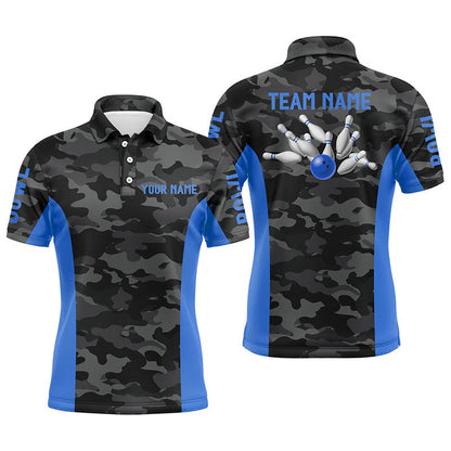 Custom Bowling Polo Shirts, Mens Bowling Polo Shirts Custom Gray Camo Bowling Team Jersey, Bowling Team League Shirt Blue