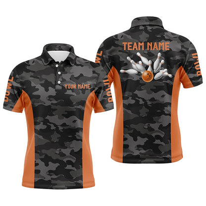 Custom Bowling Polo Shirts, Mens Bowling Polo Shirts Custom Gray Camo Bowling Team Jersey, Bowling Team League Shirt Orange