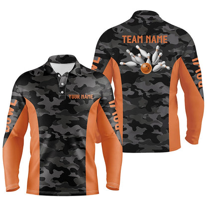 Custom Bowling Polo Shirts, Mens Bowling Polo Shirts Custom Gray Camo Bowling Team Jersey, Bowling Team League Shirt Orange