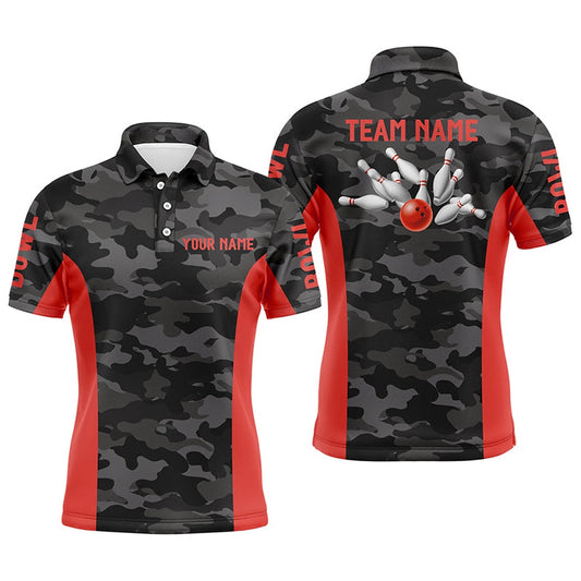 Custom Bowling Polo Shirts, Mens Bowling Polo Shirts Custom Gray Camo Bowling Team Jersey, Bowling Team League Shirt Red