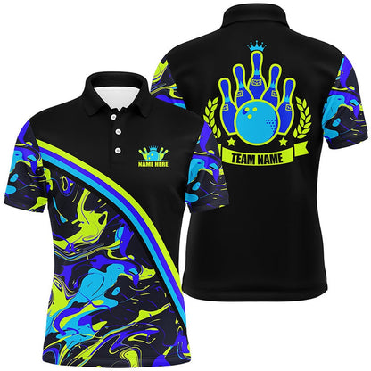 Custom Bowling Polo Shirts, Mens Bowling Polo Shirts Custom Green And Blue Bowling Camo Pattern Black Bowling Team League Jerseys