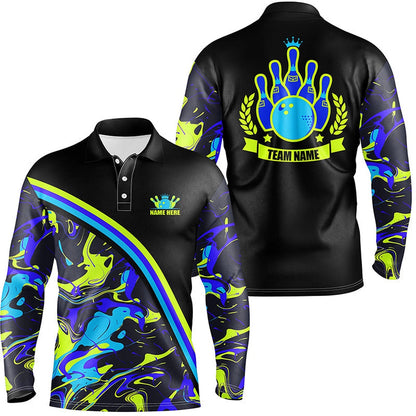 Custom Bowling Polo Shirts, Mens Bowling Polo Shirts Custom Green And Blue Bowling Camo Pattern Black Bowling Team League Jerseys