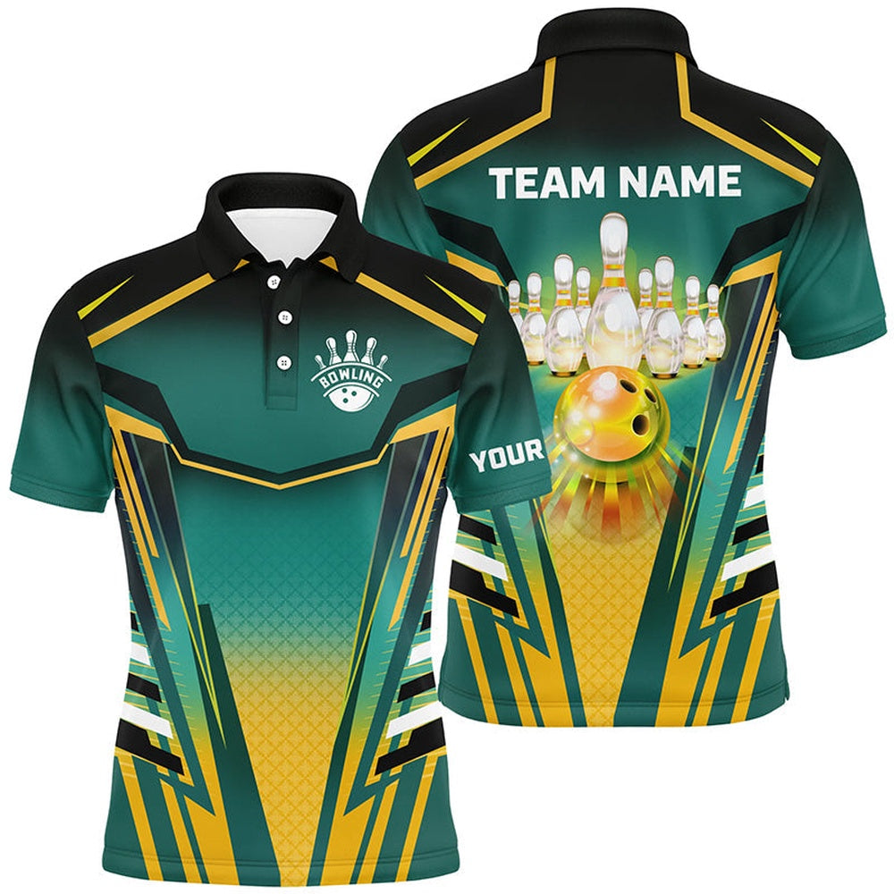 Custom Bowling Polo Shirts, Mens Bowling Polo Shirts Custom Green And Yellow Bowling Ball Pins Team Jerseys Bowling Apparel