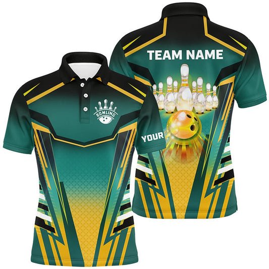Custom Bowling Polo Shirts, Mens Bowling Polo Shirts Custom Green And Yellow Bowling Ball Pins Team Jerseys Bowling Apparel