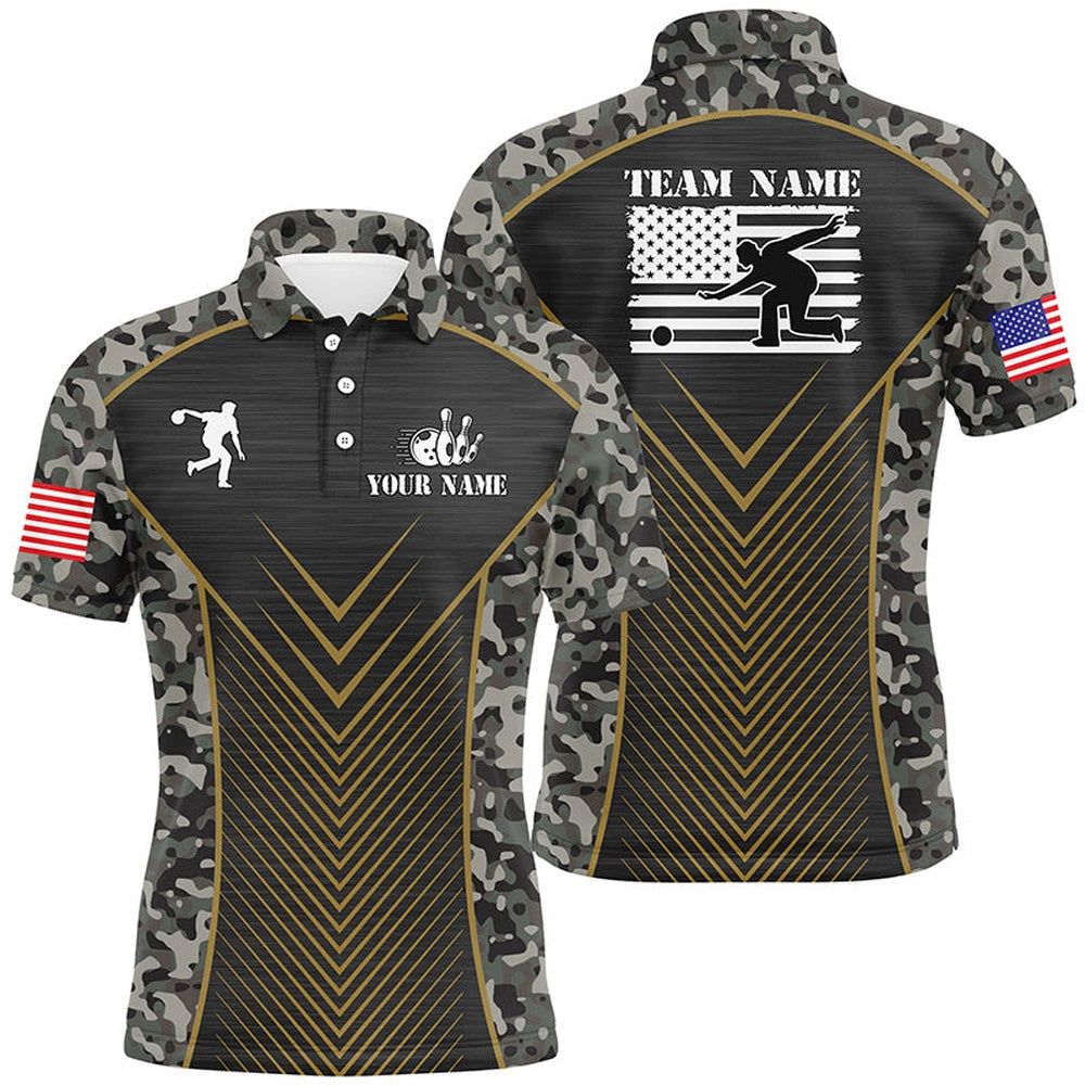 Custom Bowling Polo Shirts, Mens Bowling Polo Shirts Custom Green Camo American Flag Team League Mens Jerseys
