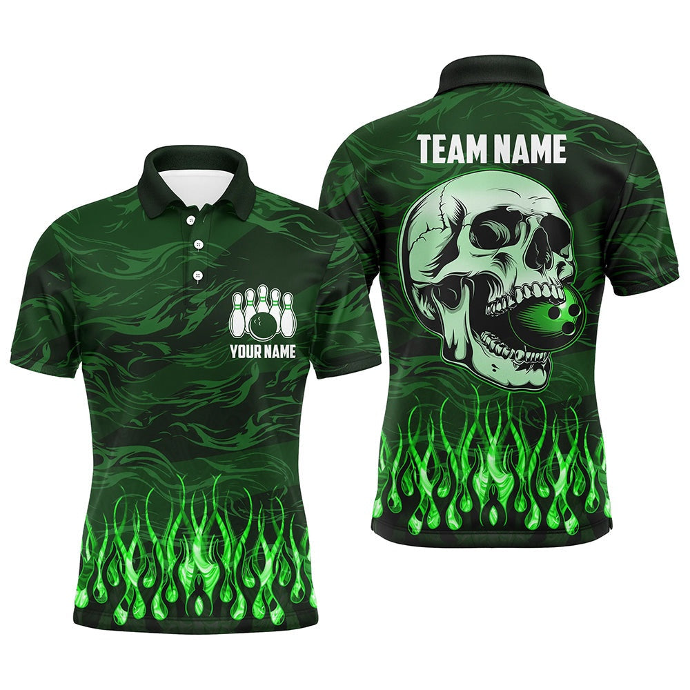 Custom Bowling Polo Shirts, Mens Bowling Polo Shirts Custom Green Camo Flame Skull Bowling Team Jerseys, Gift For Bowlers