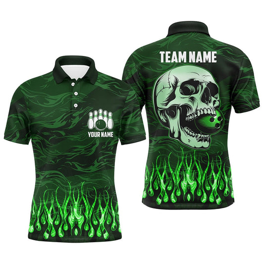 Custom Bowling Polo Shirts, Mens Bowling Polo Shirts Custom Green Camo Flame Skull Bowling Team Jerseys, Gift For Bowlers
