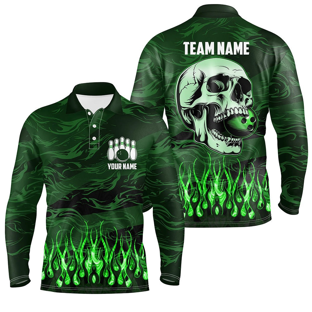 Custom Bowling Polo Shirts, Mens Bowling Polo Shirts Custom Green Camo Flame Skull Bowling Team Jerseys, Gift For Bowlers