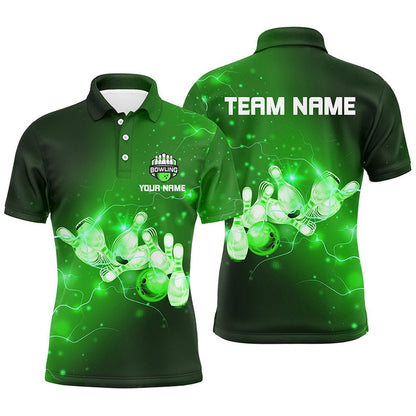 Custom Bowling Polo Shirts, Mens Bowling Polo Shirts Custom Green Flashes Of Lightning Thunder Bowling Team Mens Bowler Jerseys