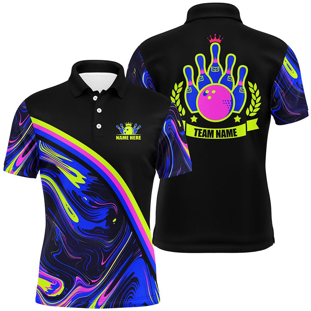 Custom Bowling Polo Shirts, Mens Bowling Polo Shirts Custom Green Purple Bowling Camo Pattern Black Bowling Team League Jerseys