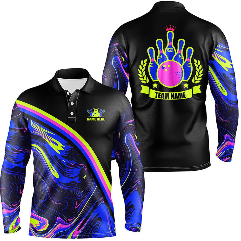 Custom Bowling Polo Shirts, Mens Bowling Polo Shirts Custom Green Purple Bowling Camo Pattern Black Bowling Team League Jerseys