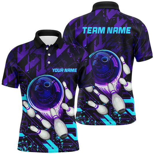 Custom Bowling Polo Shirts, Mens Bowling Polo Shirts Custom Purple Blue Abstract Bowling Team League Jerseys