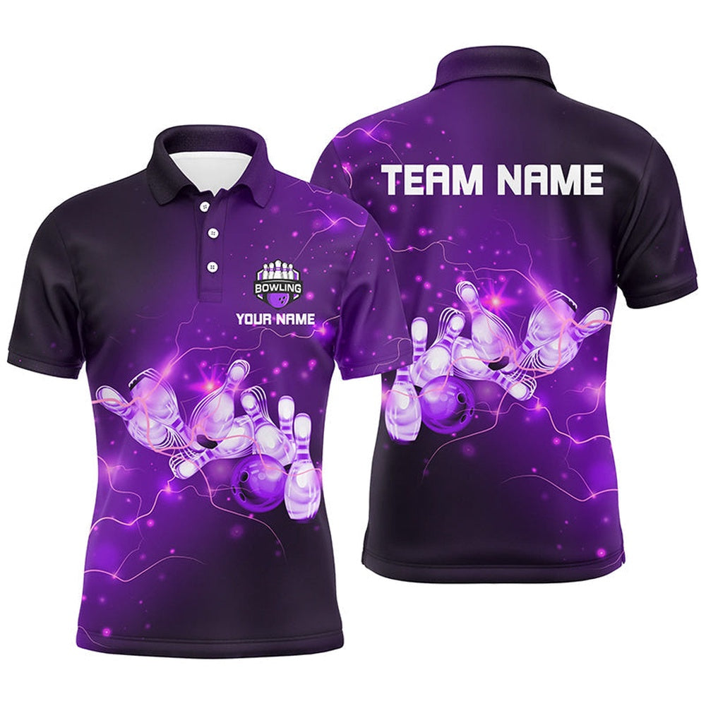 Custom Bowling Polo Shirts, Mens Bowling Polo Shirts Custom Purple Flashes Of Lightning Thunder Bowling Team Mens Bowler Jerseys