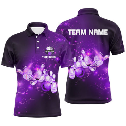 Custom Bowling Polo Shirts, Mens Bowling Polo Shirts Custom Purple Flashes Of Lightning Thunder Bowling Team Mens Bowler Jerseys