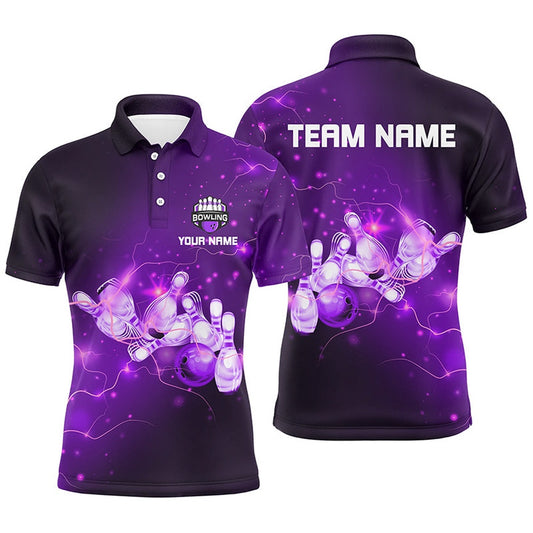 Custom Bowling Polo Shirts, Mens Bowling Polo Shirts Custom Purple Flashes Of Lightning Thunder Bowling Team Mens Bowler Jerseys