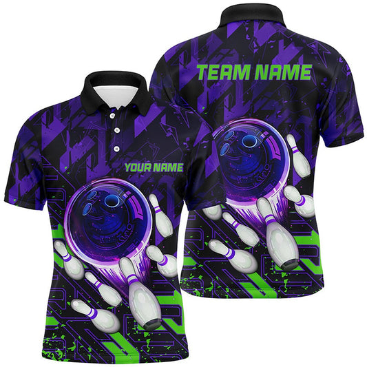 Custom Bowling Polo Shirts, Mens Bowling Polo Shirts Custom Purple Green Abstract Bowling Team League Jerseys