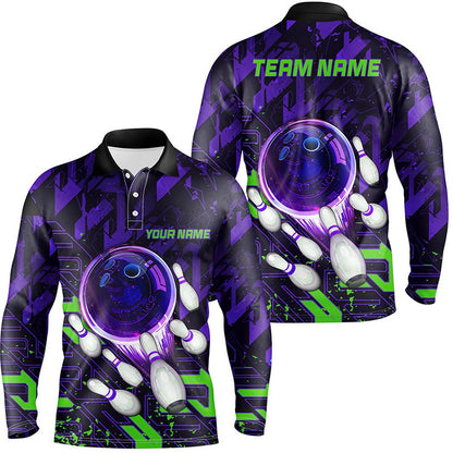 Custom Bowling Polo Shirts, Mens Bowling Polo Shirts Custom Purple Green Abstract Bowling Team League Jerseys