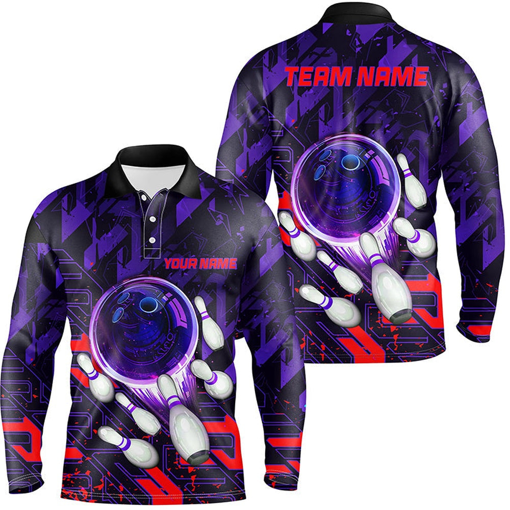 Custom Bowling Polo Shirts, Mens Bowling Polo Shirts Custom Purple Red Abstract Bowling Team League Jerseys
