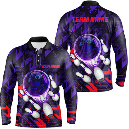 Custom Bowling Polo Shirts, Mens Bowling Polo Shirts Custom Purple Red Abstract Bowling Team League Jerseys