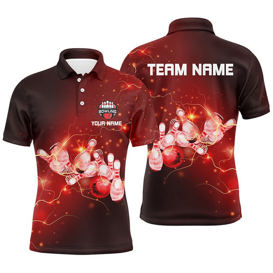 Custom Bowling Polo Shirts, Mens Bowling Polo Shirts Custom Red Flashes Of Lightning Thunder Bowling Team Mens Bowler Jerseys