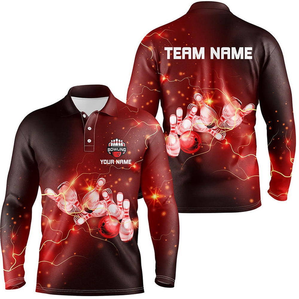 Custom Bowling Polo Shirts, Mens Bowling Polo Shirts Custom Red Flashes Of Lightning Thunder Bowling Team Mens Bowler Jerseys