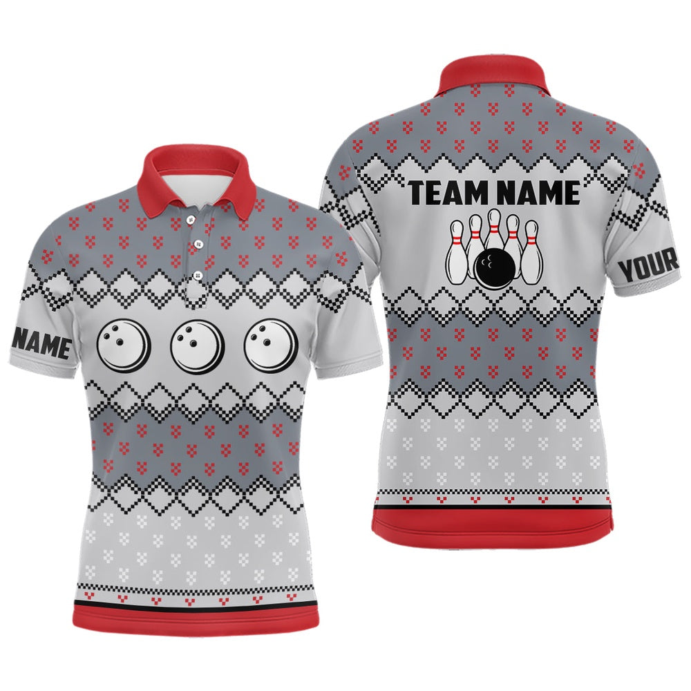 Custom Bowling Polo Shirts, Mens Bowling Polo Shirts Custom Ugly Christmas Pattern Bowling Ball Pins Team Mens Jersey