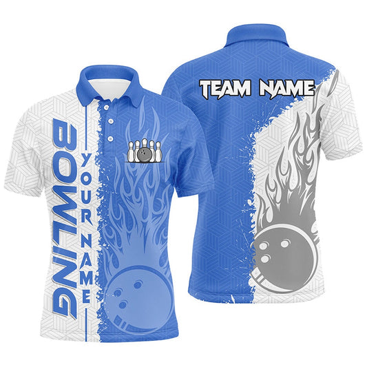 Custom Bowling Polo Shirts, Mens Bowling Polo Shirts Custom White And Blue Flame Bowling Ball And Pins Bowling Team League Jerseys