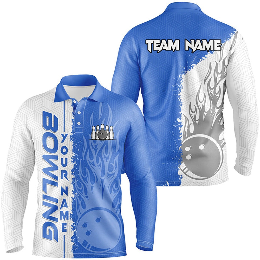 Custom Bowling Polo Shirts, Mens Bowling Polo Shirts Custom White And Blue Flame Bowling Ball And Pins Bowling Team League Jerseys