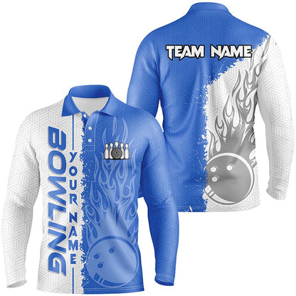 Custom Bowling Polo Shirts, Mens Bowling Polo Shirts Custom White And Blue Flame Bowling Ball And Pins Bowling Team League Jerseys
