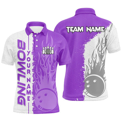 Custom Bowling Polo Shirts, Mens Bowling Polo Shirts Custom White & Purple Flame Bowling Ball And Pins Bowling Team League Jerseys