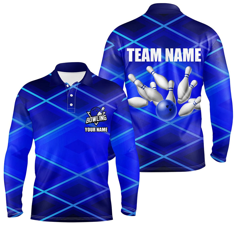 Custom Bowling Polo Shirts, Mens Bowling Polo, Zip Shirt Custom Neon Blue Bowling Team League Jerseys, Gifts For Bowlers