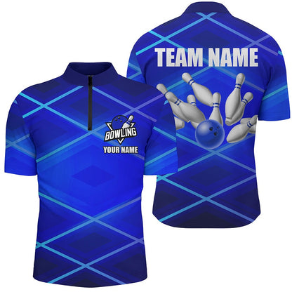 Custom Bowling Polo Shirts, Mens Bowling Polo, Zip Shirt Custom Neon Blue Bowling Team League Jerseys, Gifts For Bowlers