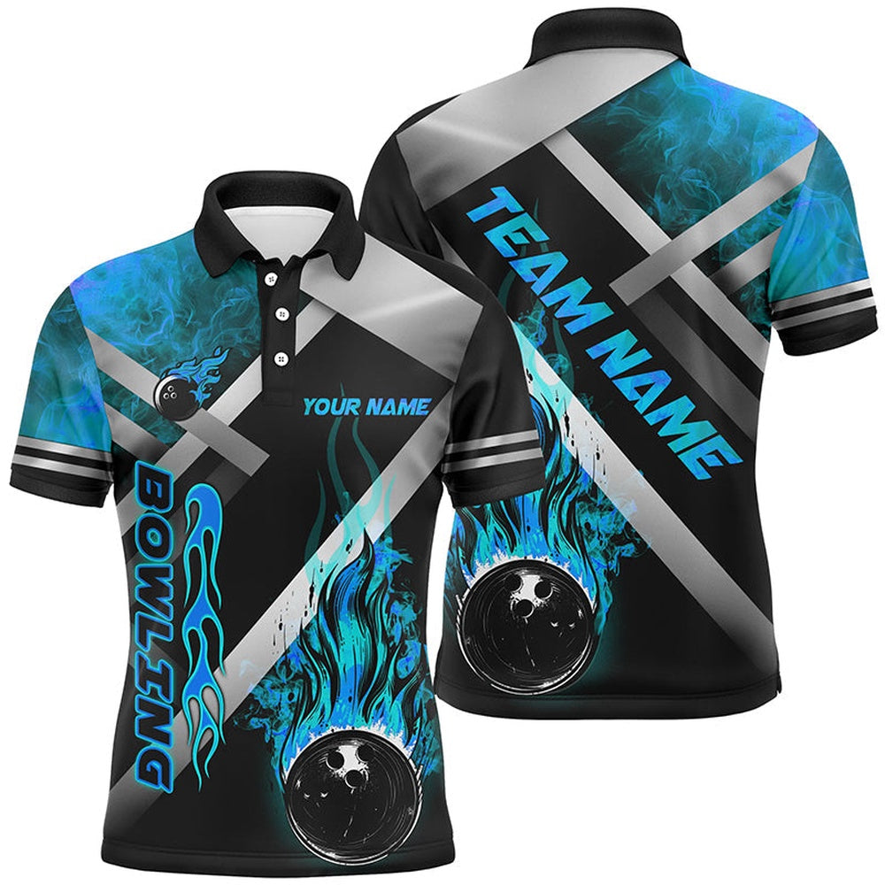 Custom Bowling Polo Shirts, Mens Bowling Shirts Custom Black Bowling Ball Flame Bowling Team Jerseys, Gift For Bowlers Blue
