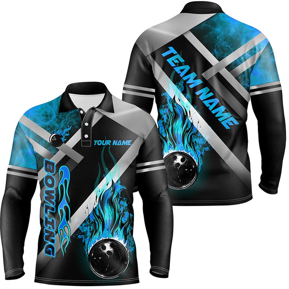 Custom Bowling Polo Shirts, Mens Bowling Shirts Custom Black Bowling Ball Flame Bowling Team Jerseys, Gift For Bowlers Blue