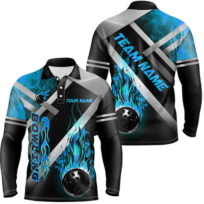 Custom Bowling Polo Shirts, Mens Bowling Shirts Custom Black Bowling Ball Flame Bowling Team Jerseys, Gift For Bowlers Blue