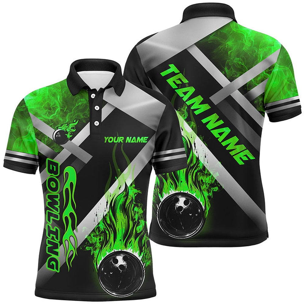 Custom Bowling Polo Shirts, Mens Bowling Shirts Custom Black Bowling Ball Flame Bowling Team Jerseys, Gift For Bowlers Green