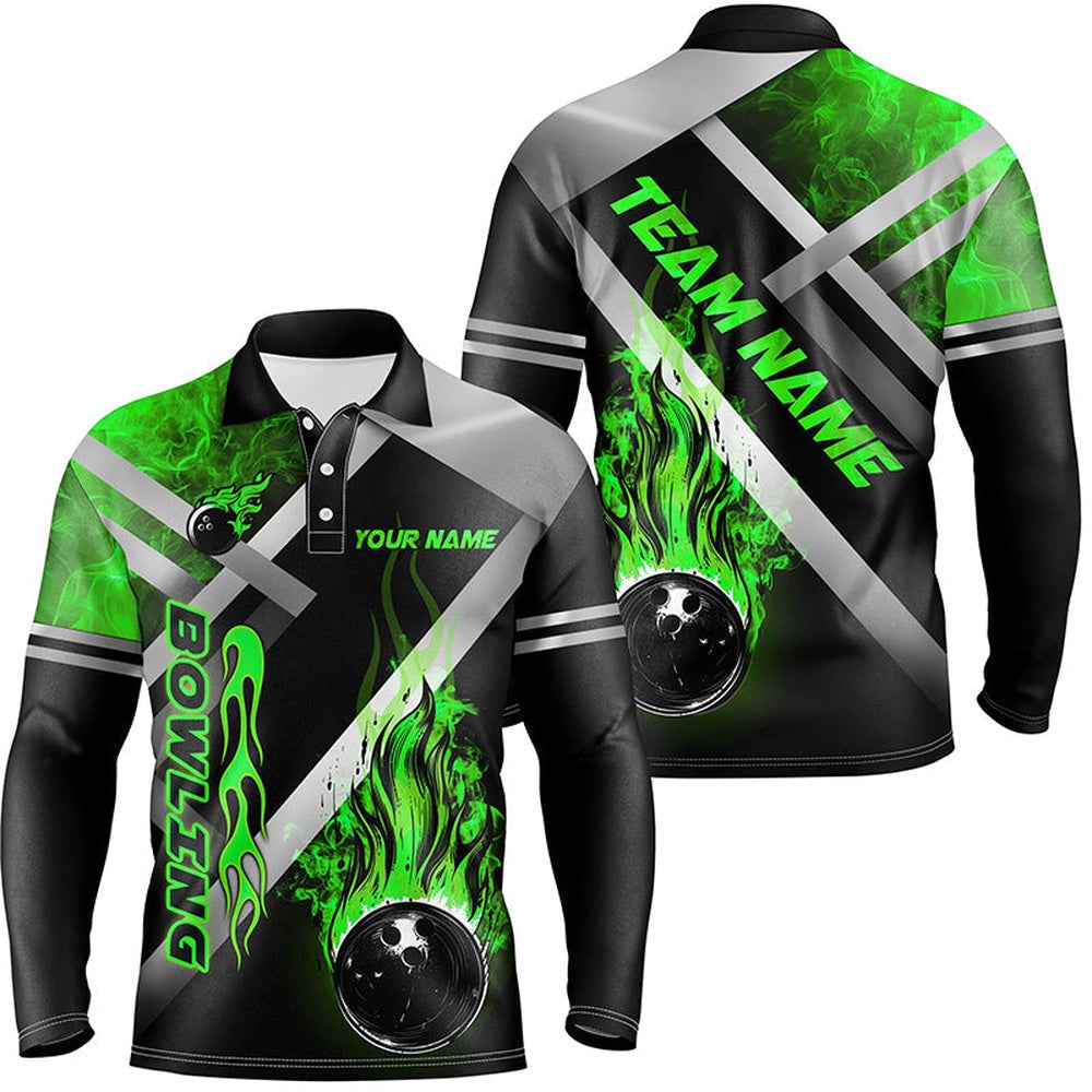 Custom Bowling Polo Shirts, Mens Bowling Shirts Custom Black Bowling Ball Flame Bowling Team Jerseys, Gift For Bowlers Green