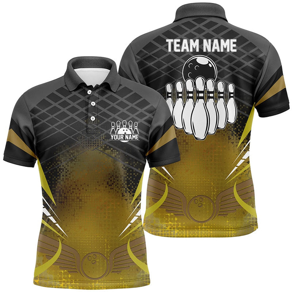 Custom Bowling Polo Shirts, Mens Polo Bowling Shirt Custom Black Gold Bowling Ball Pins Team League Jersey, Bowling Gift