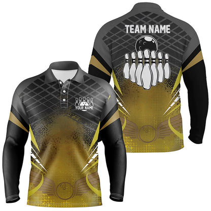 Custom Bowling Polo Shirts, Mens Polo Bowling Shirt Custom Black Gold Bowling Ball Pins Team League Jersey, Bowling Gift