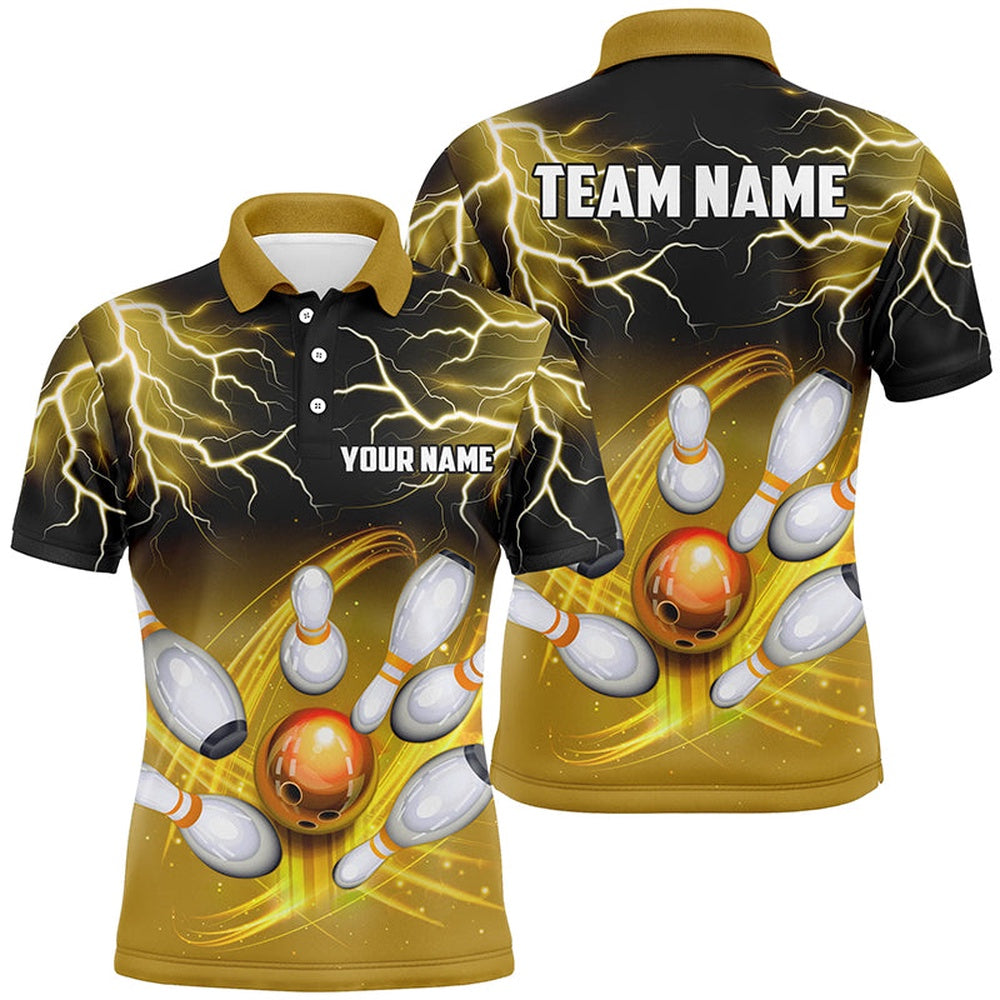 Custom Bowling Polo Shirts, Mens Polo Bowling Shirt Custom Black Yellow Bowling Lightning Thunder Team Bowling League Jerseys