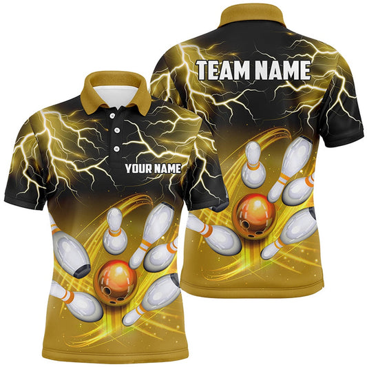 Custom Bowling Polo Shirts, Mens Polo Bowling Shirt Custom Black Yellow Bowling Lightning Thunder Team Bowling League Jerseys