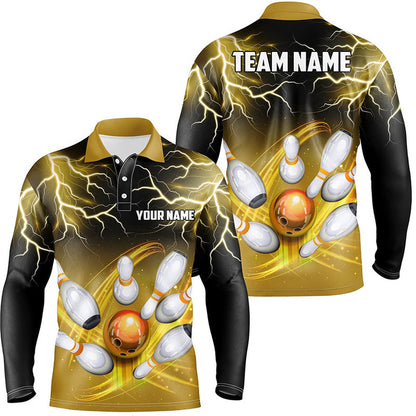Custom Bowling Polo Shirts, Mens Polo Bowling Shirt Custom Black Yellow Bowling Lightning Thunder Team Bowling League Jerseys