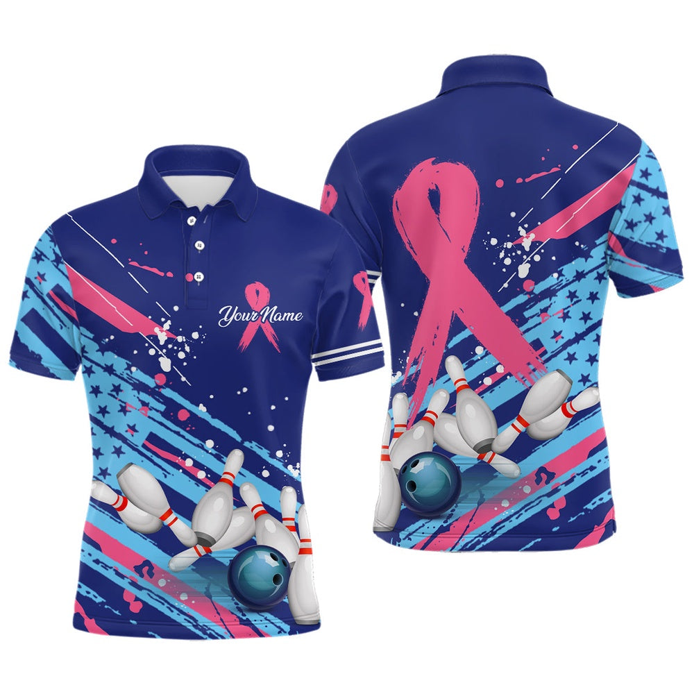 Custom Bowling Polo Shirts, Mens Polo Bowling Shirt Custom Blue American Flag Pink Ribbon Bowling Jerseys Breast Cancer Awareness