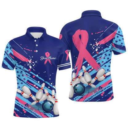 Custom Bowling Polo Shirts, Mens Polo Bowling Shirt Custom Blue American Flag Pink Ribbon Bowling Jerseys Breast Cancer Awareness