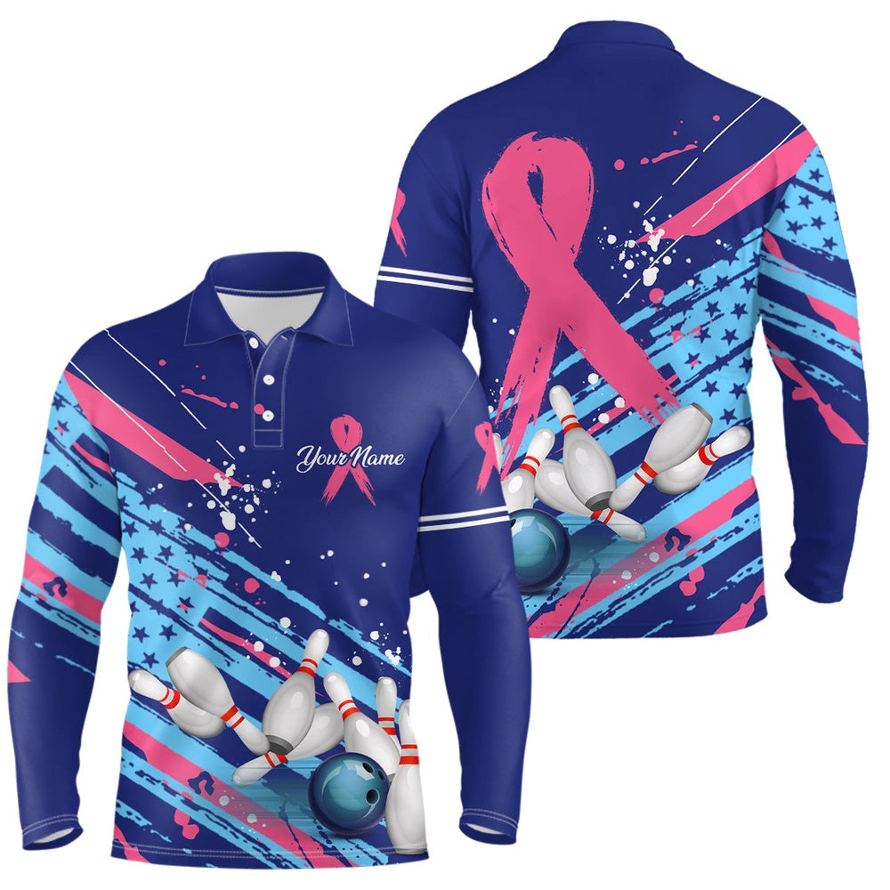 Custom Bowling Polo Shirts, Mens Polo Bowling Shirt Custom Blue American Flag Pink Ribbon Bowling Jerseys Breast Cancer Awareness
