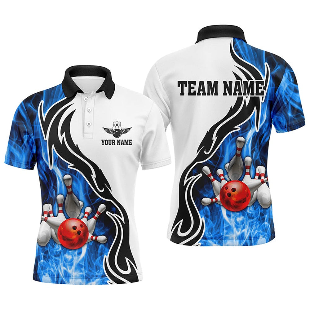 Custom Bowling Polo Shirts, Mens Polo Bowling Shirt Custom Bowling Ball Pins Strike Team League Jersey, Bowl Gifts Blue
