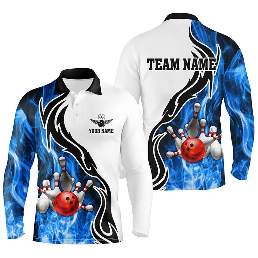 Custom Bowling Polo Shirts, Mens Polo Bowling Shirt Custom Bowling Ball Pins Strike Team League Jersey, Bowl Gifts Blue