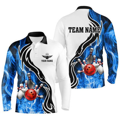 Custom Bowling Polo Shirts, Mens Polo Bowling Shirt Custom Bowling Ball Pins Strike Team League Jersey, Bowl Gifts Blue